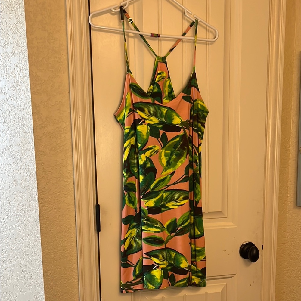 Pink and Green Mini Slip Dress with Spaghetti Straps for Resort Wear